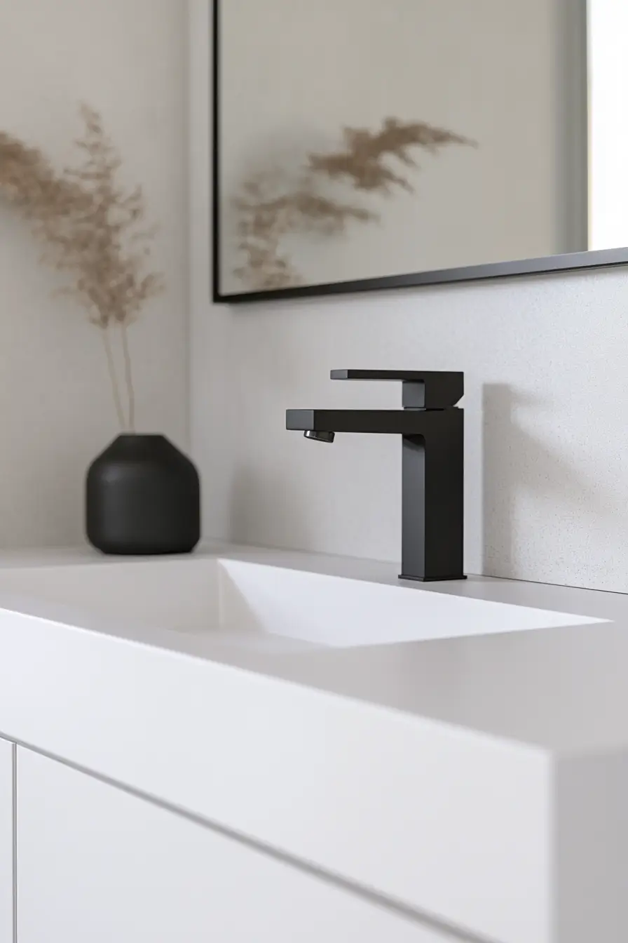  modern minimalist small bathroom vanity area. Floating white vanity with integrated sink