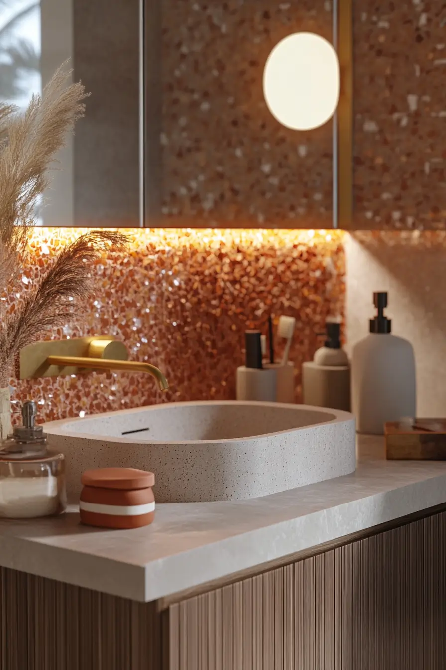 bathroom vanity area demonstrating clever material combinations. Rich terracotta and creamy white color palette with matte gold accents