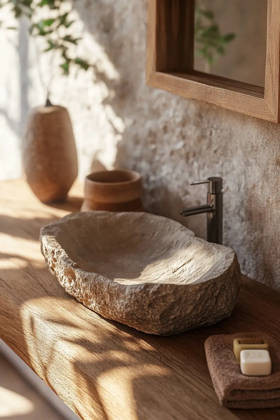 wabi-sabi inspired small bathroom vanity area. Rough-hewn stone sink on a weathered wood countertop