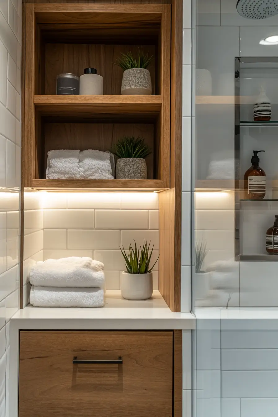  innovative storage solutions in a small bathroom. Custom-built shower niche with integrated LED lighting. 