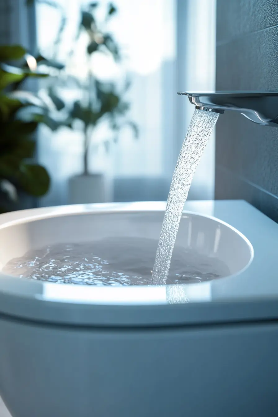 close-up of water-saving fixtures in an eco-friendly small bathroom.