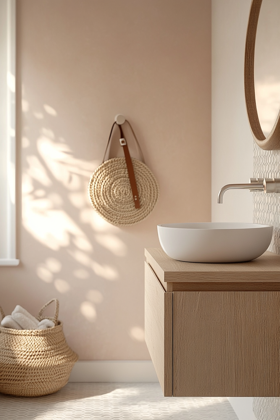 Scandinavian-inspired small bathroom. Light birch wood vanity with white ceramic sink.