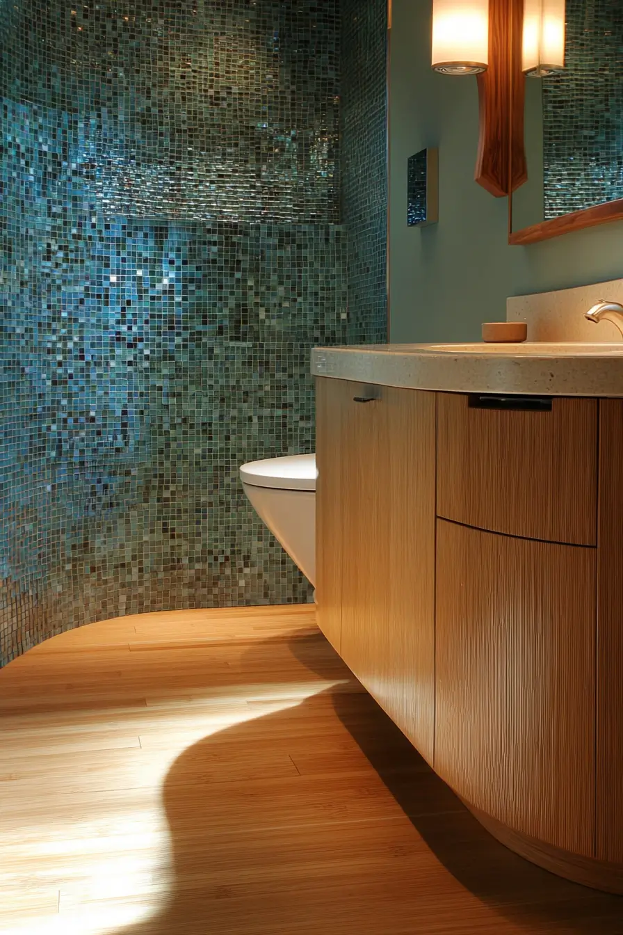 small bathroom featuring sustainable materials. Recycled glass mosaic tile backsplash in shades of blue and green. Bamboo flooring 