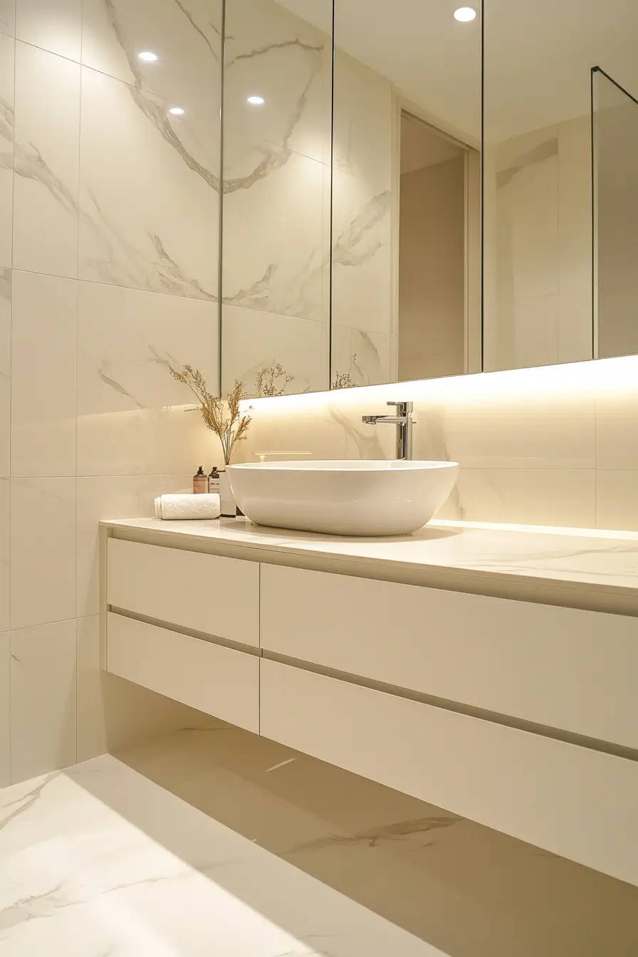 small bathroom utilizing space-expanding illusions. Large-format marble-effect tiles covering floor and walls