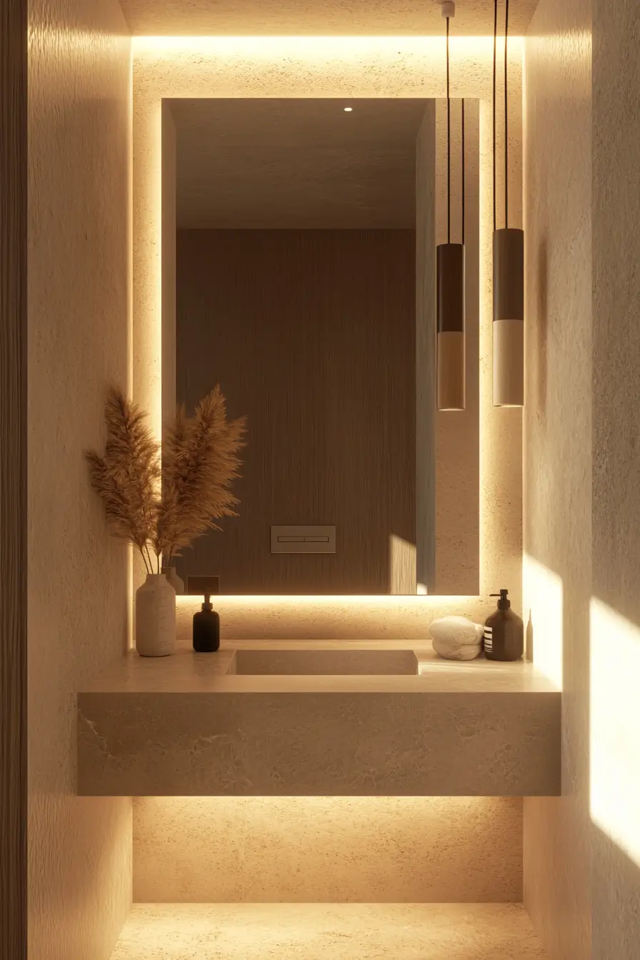 small bathroom with innovative lighting solutions. skylight channeling natural light onto a vanity area.