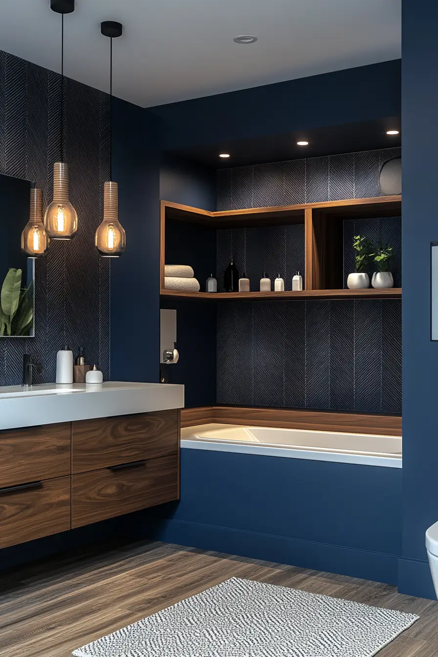 L-shaped bathroom maximizing corner spaces. Navy blue and warm wood tones with white accents. 