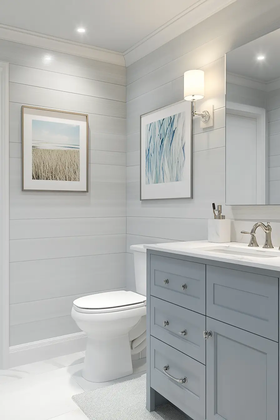 compact bathroom showcasing smart remodeling solutions. Transitional style blending classic and modern elements