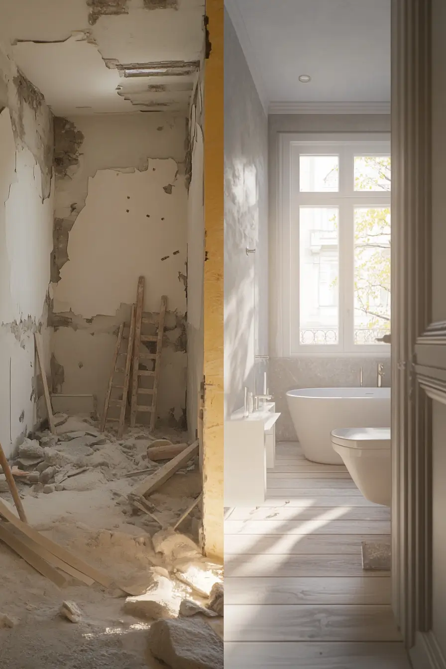 small bathroom renovation in progress. Left side shows demolition with exposed walls and removed fixtures. Right side shows the same space renovated