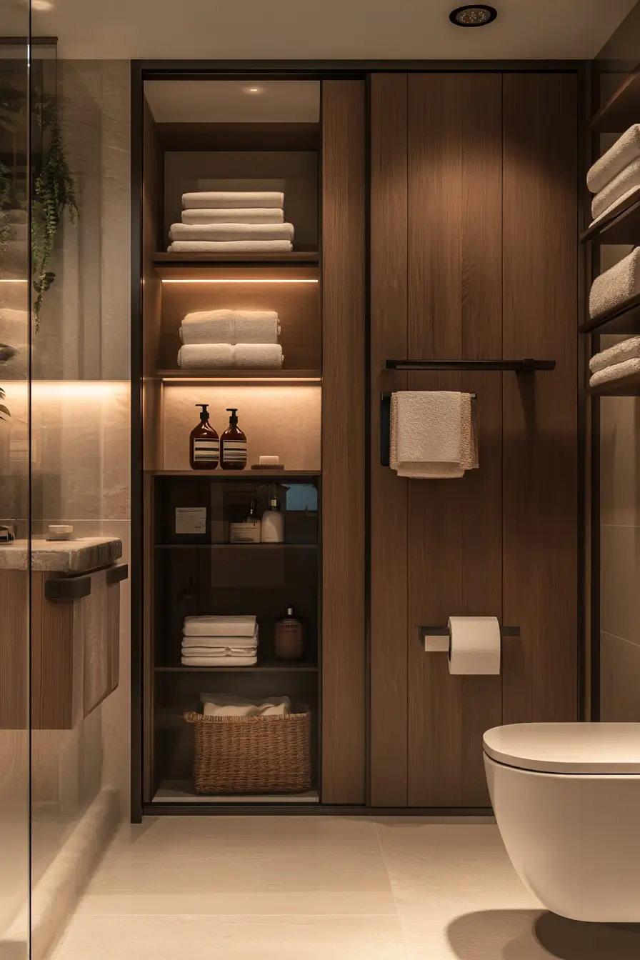 small bathroom maximizing vertical space. Floor-to-ceiling built-in cabinet with glass doors showcasing organized toiletries and towels