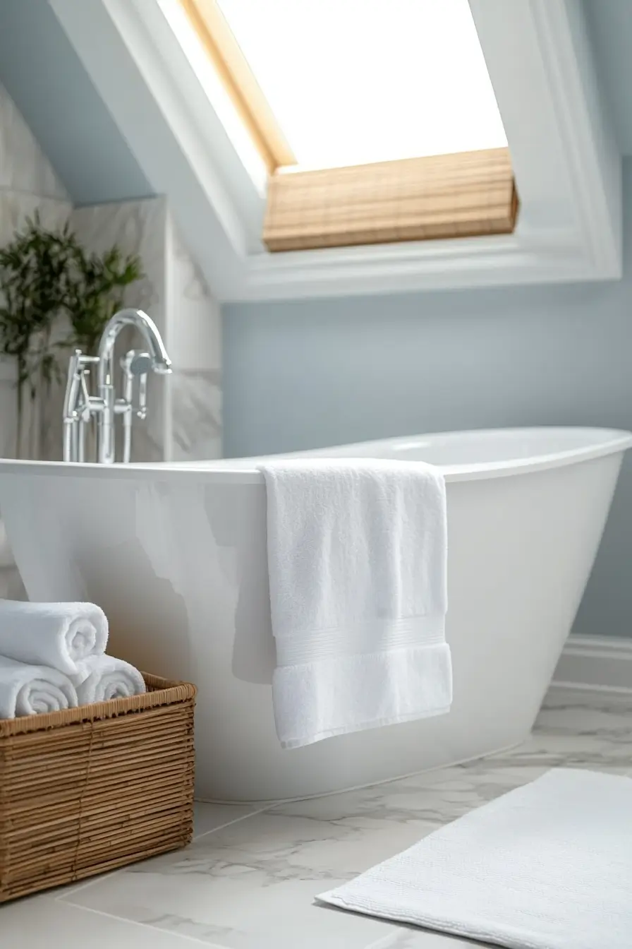 spa-inspired small bathroom. Freestanding soaking tub under a skylight. Soft, diffused natural light. Calm 