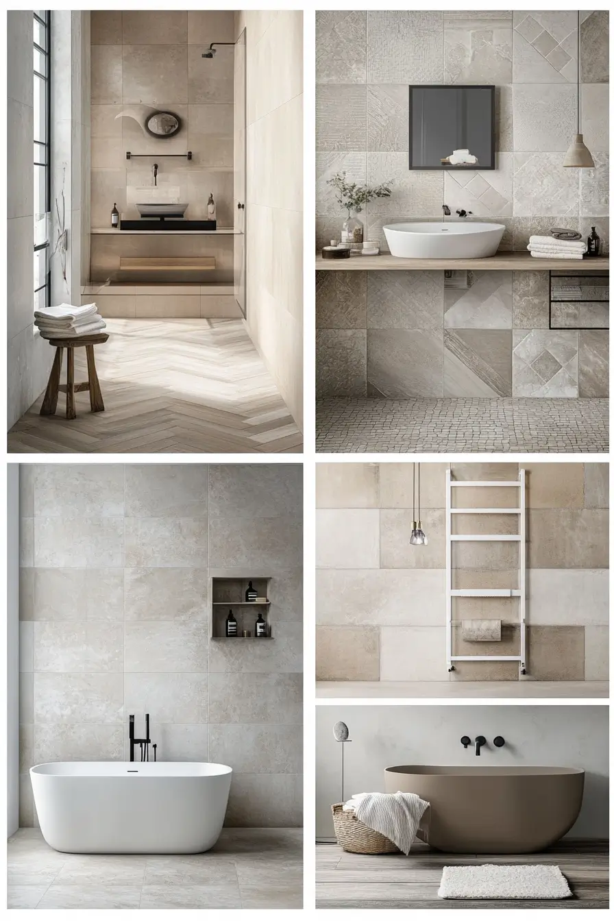 collage showcasing different small bathroom flooring ideas