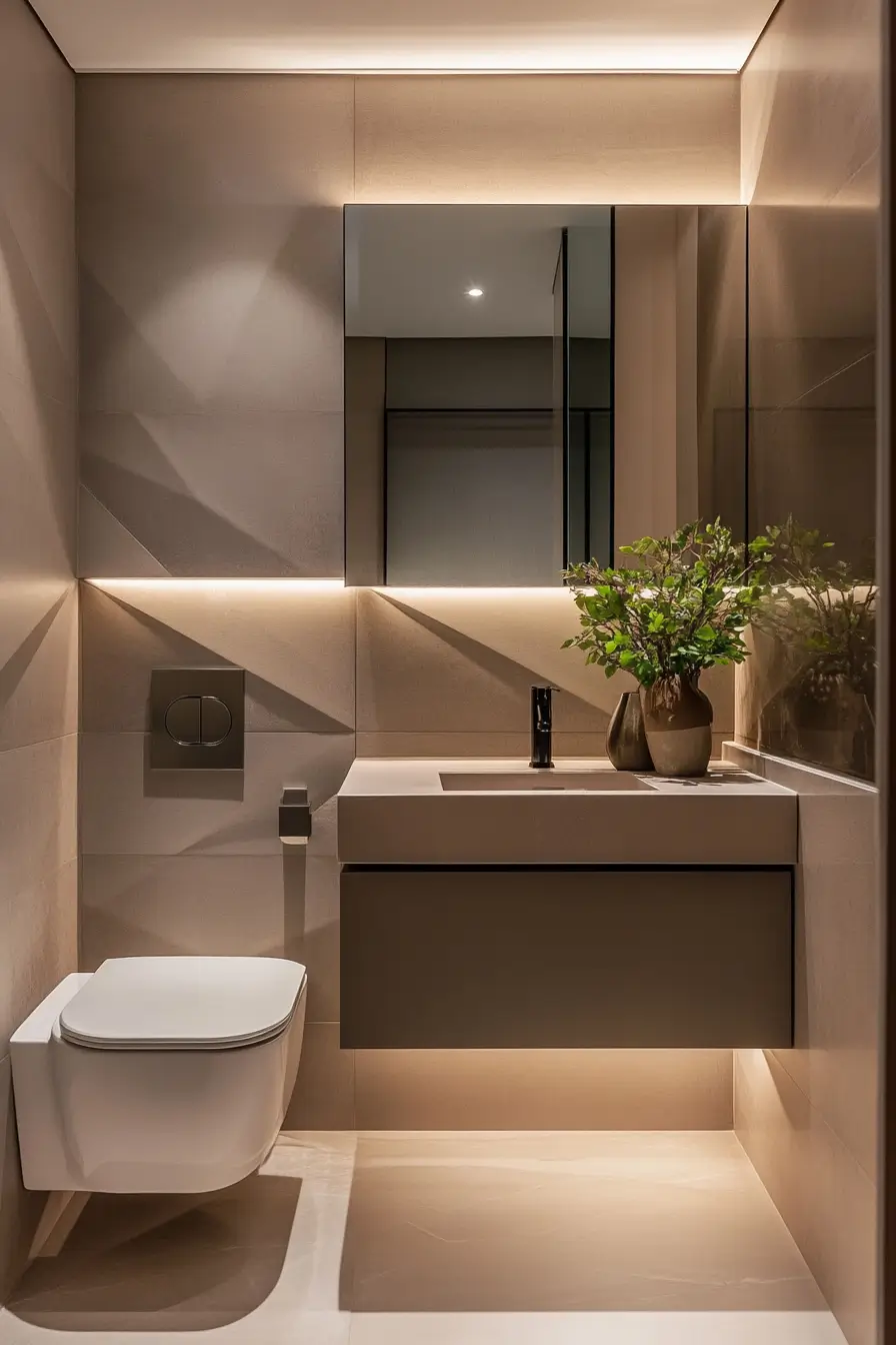 Sleek, modern small bathroom featuring floating vanity