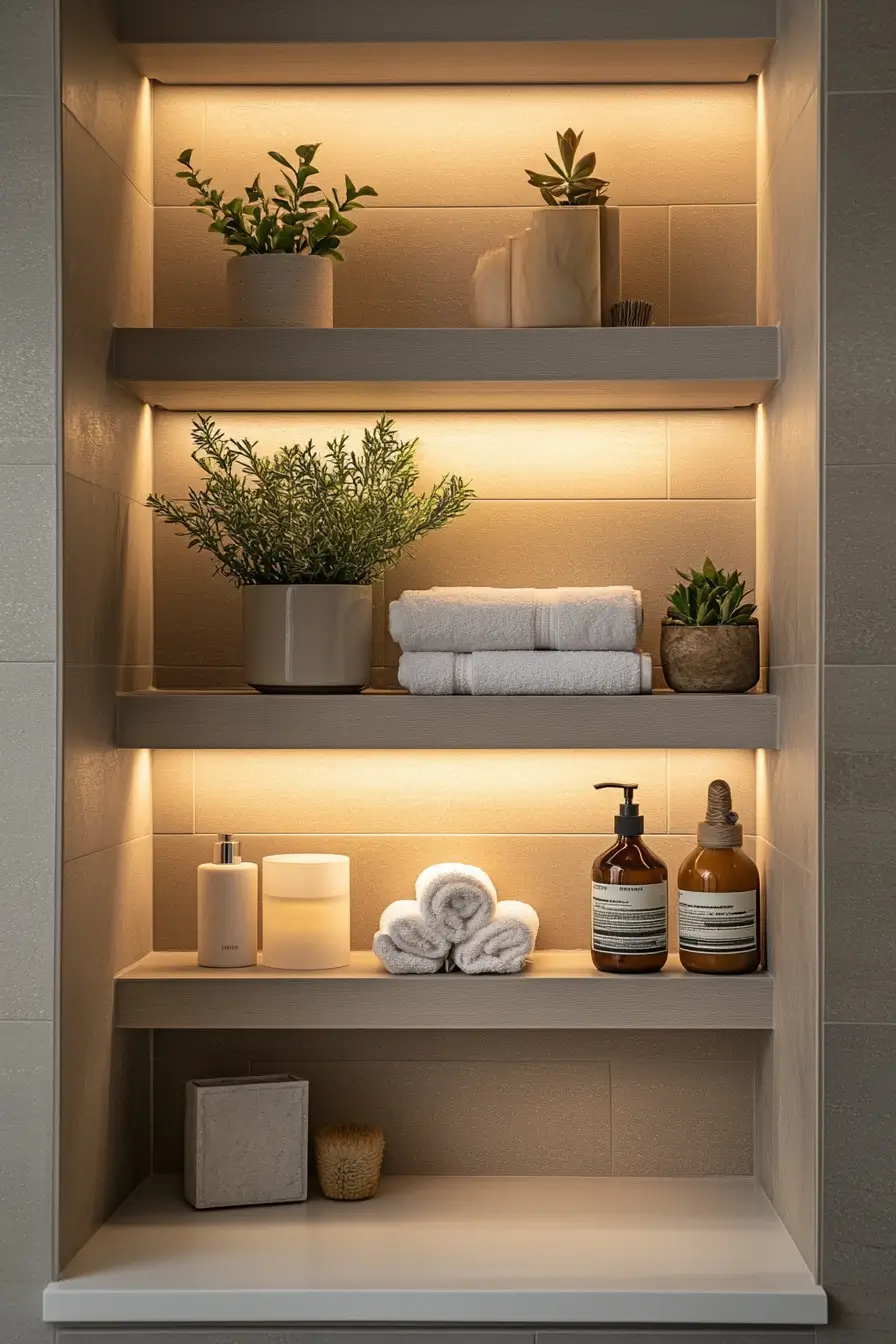 Small bathroom with built-in recessed shelving unit