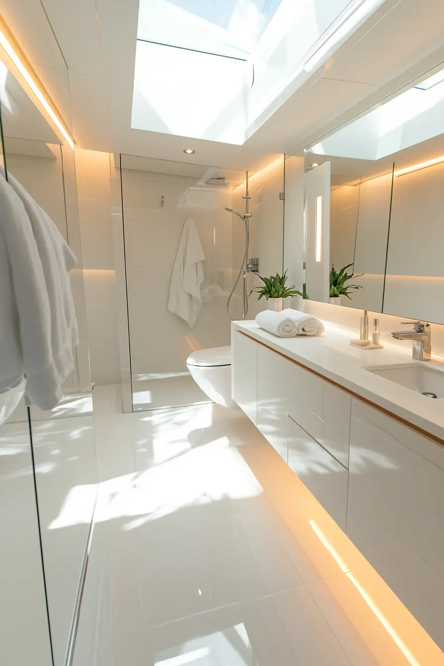 Well-lit small bathroom, combination of natural and artificial light