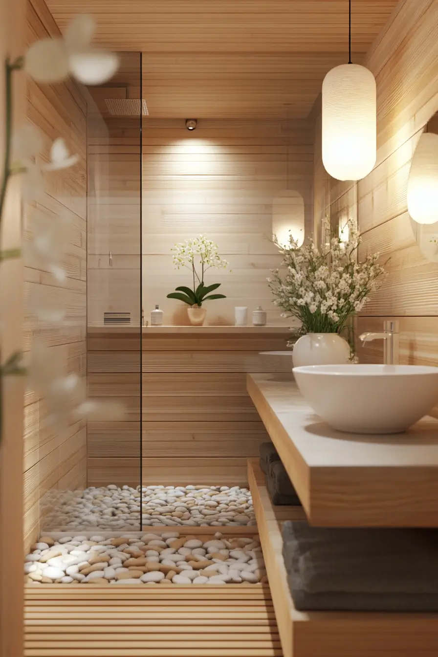 Japanese-inspired small bathroom. Cedar wood-lined shower area with a pebble floo