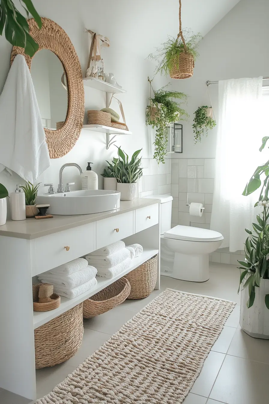 Airy bright small bathroom with natural elments and lots of plants