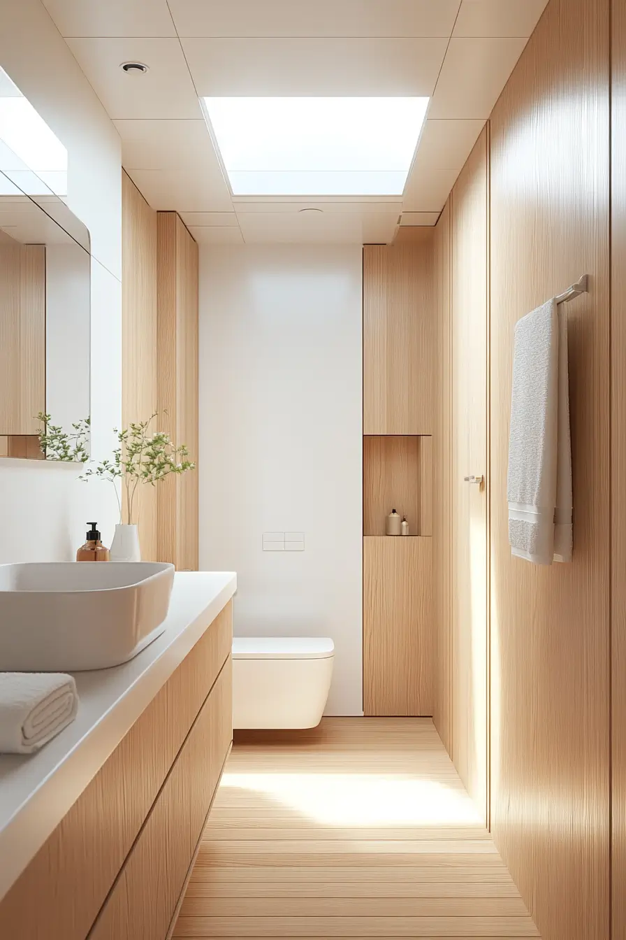 Narrow bathroom layout. Modern minimalist design with white and light wood tones