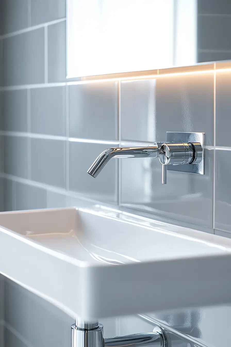 wall-mounted narrow sink in a modern bathroom. Chrome fixtures against light gray tiles