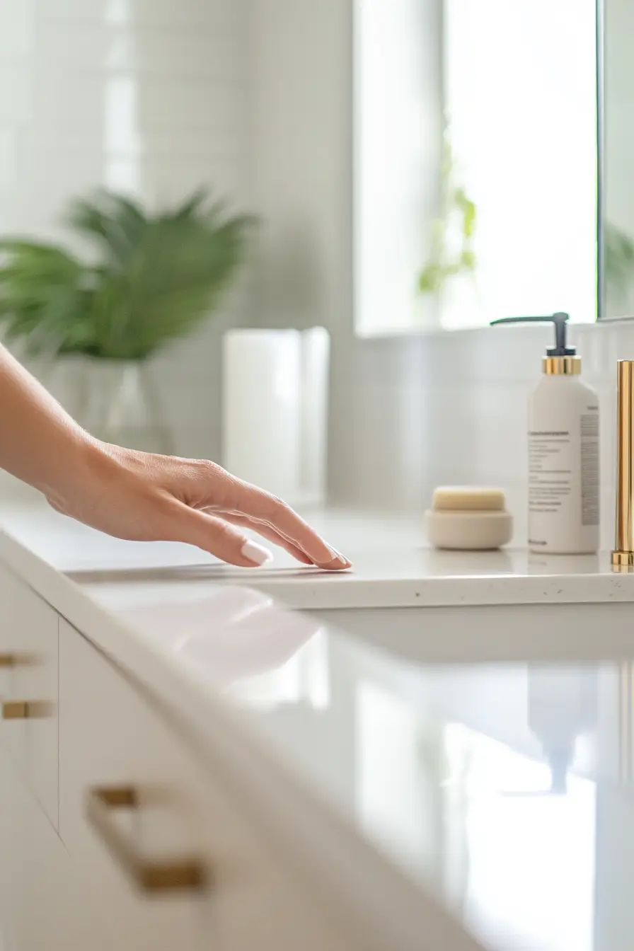 newly renovated small bathroom with a person's hand reaching out to touch a gleaming countertop