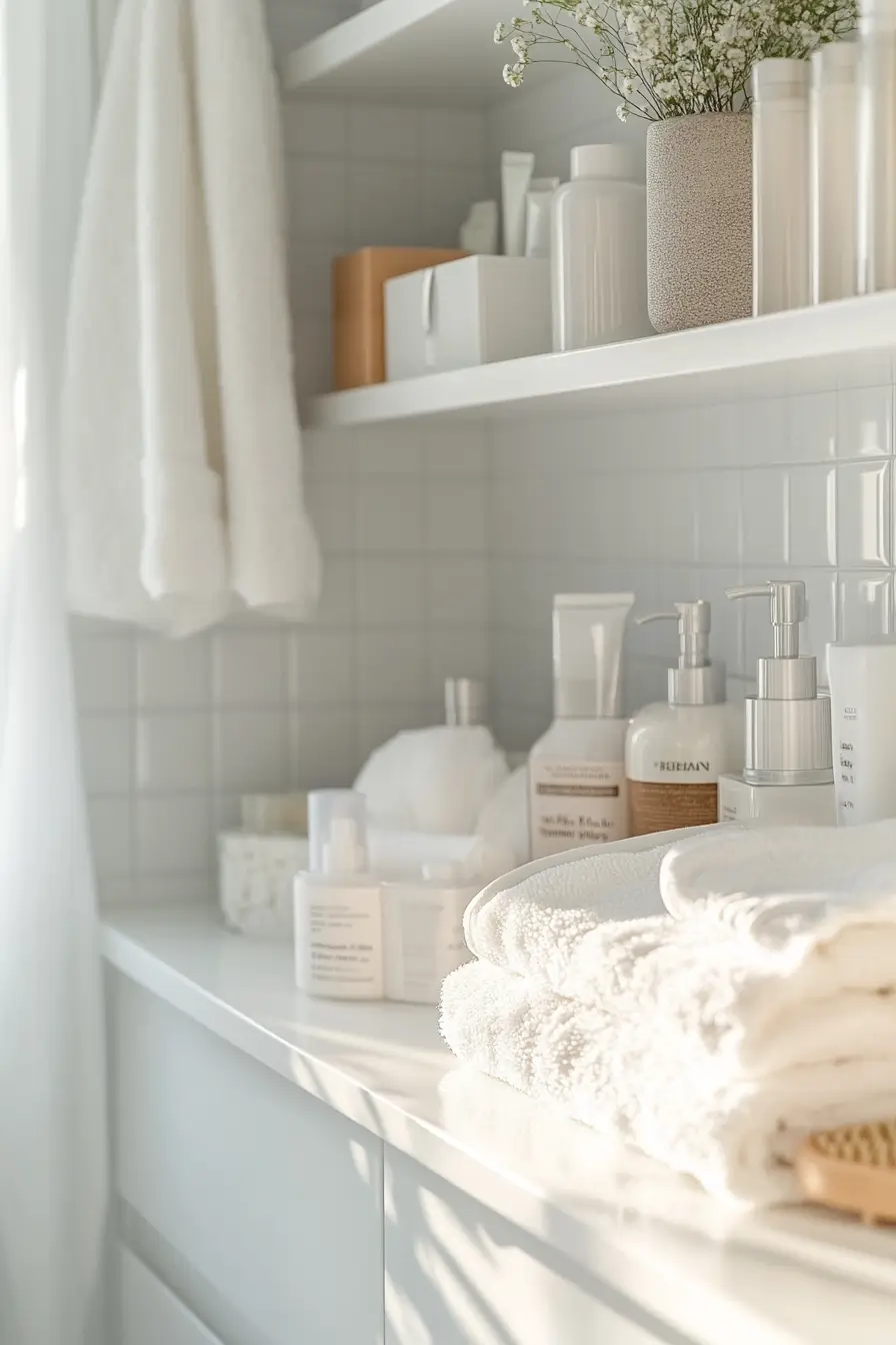 clearly labeled storage containers, neatly folded towels, and systematically arranged toiletries