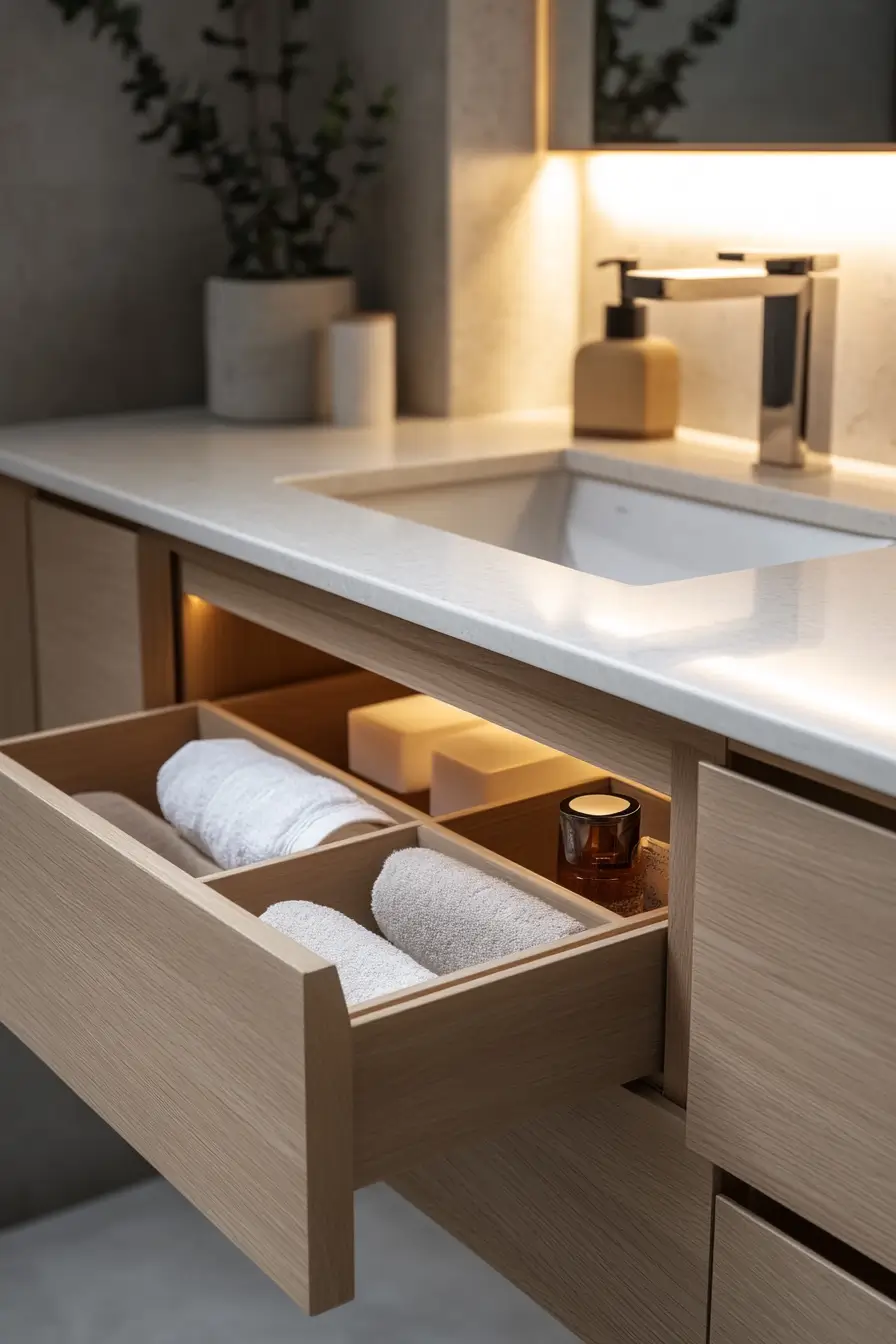 pull-out organizers, a built-in towel bar, and a sleek vessel sink