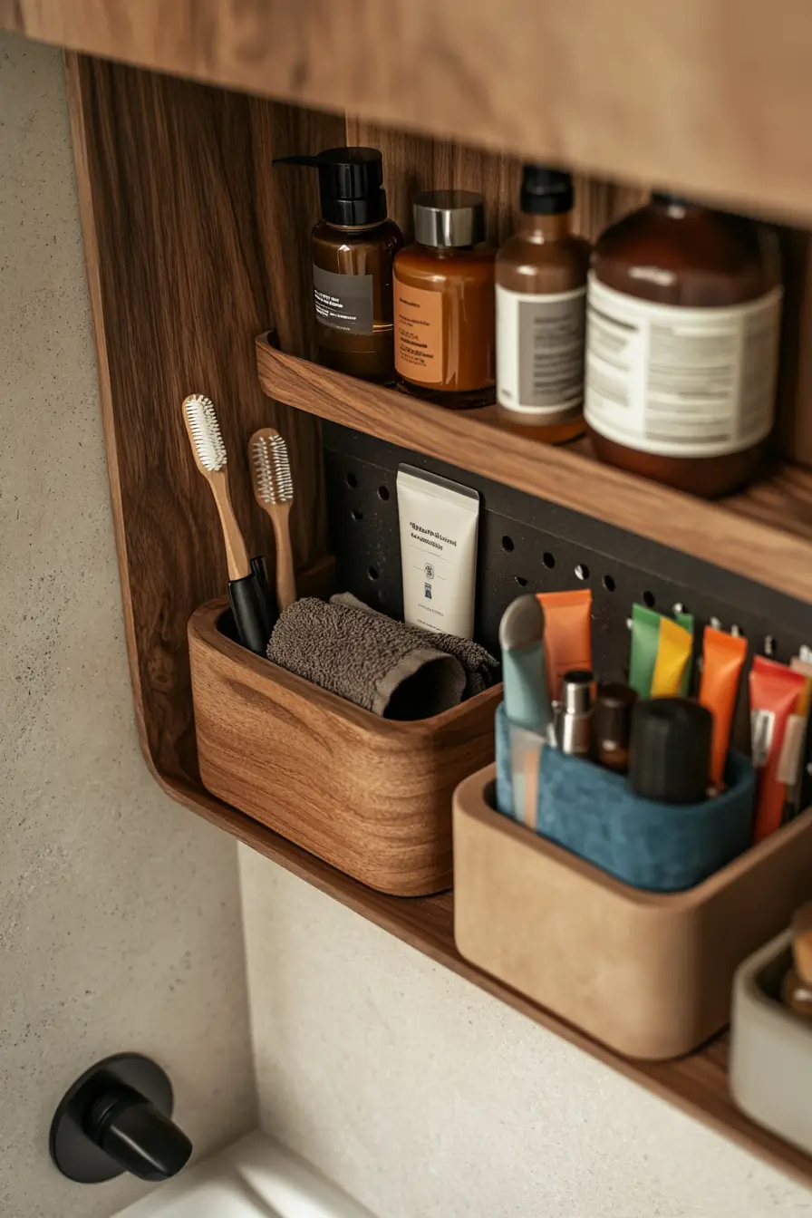 bathroom corner showcasing repurposed items for storage