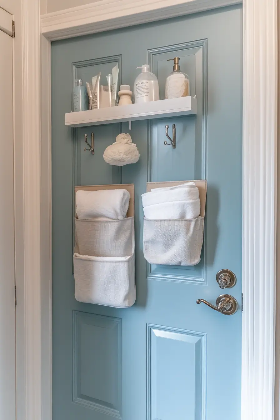 bathroom door with multiple storage solutions. 