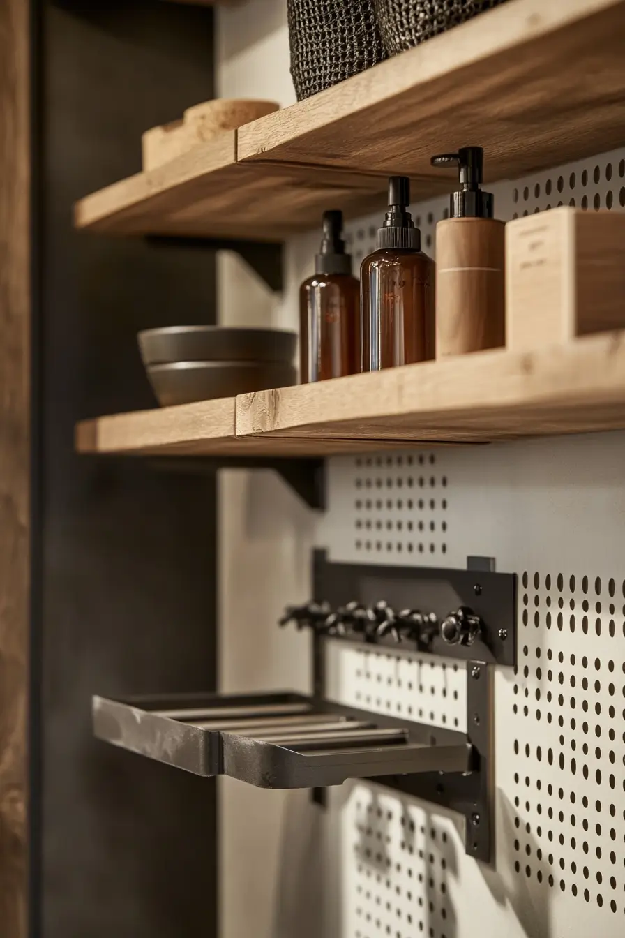 wall-mounted bathroom storage. Industrial chic style