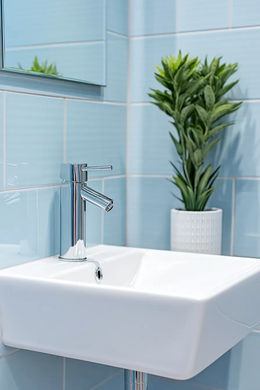 sink in a tiny bathroom. Sleek white porcelain against pale blue tiles