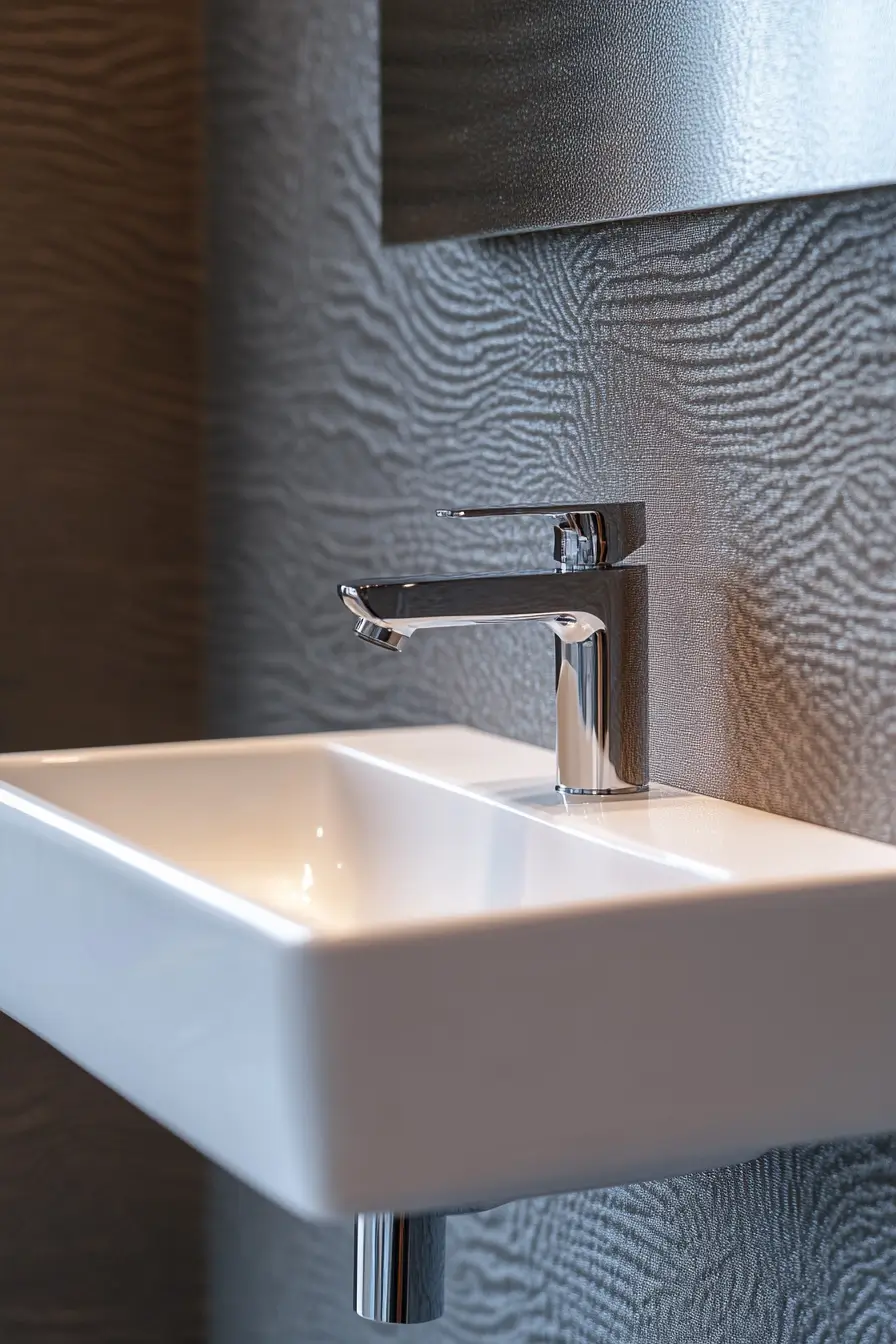 modern wall-mounted sink in a tiny powder room. Sleek white porcelain against textured gray wallpaper