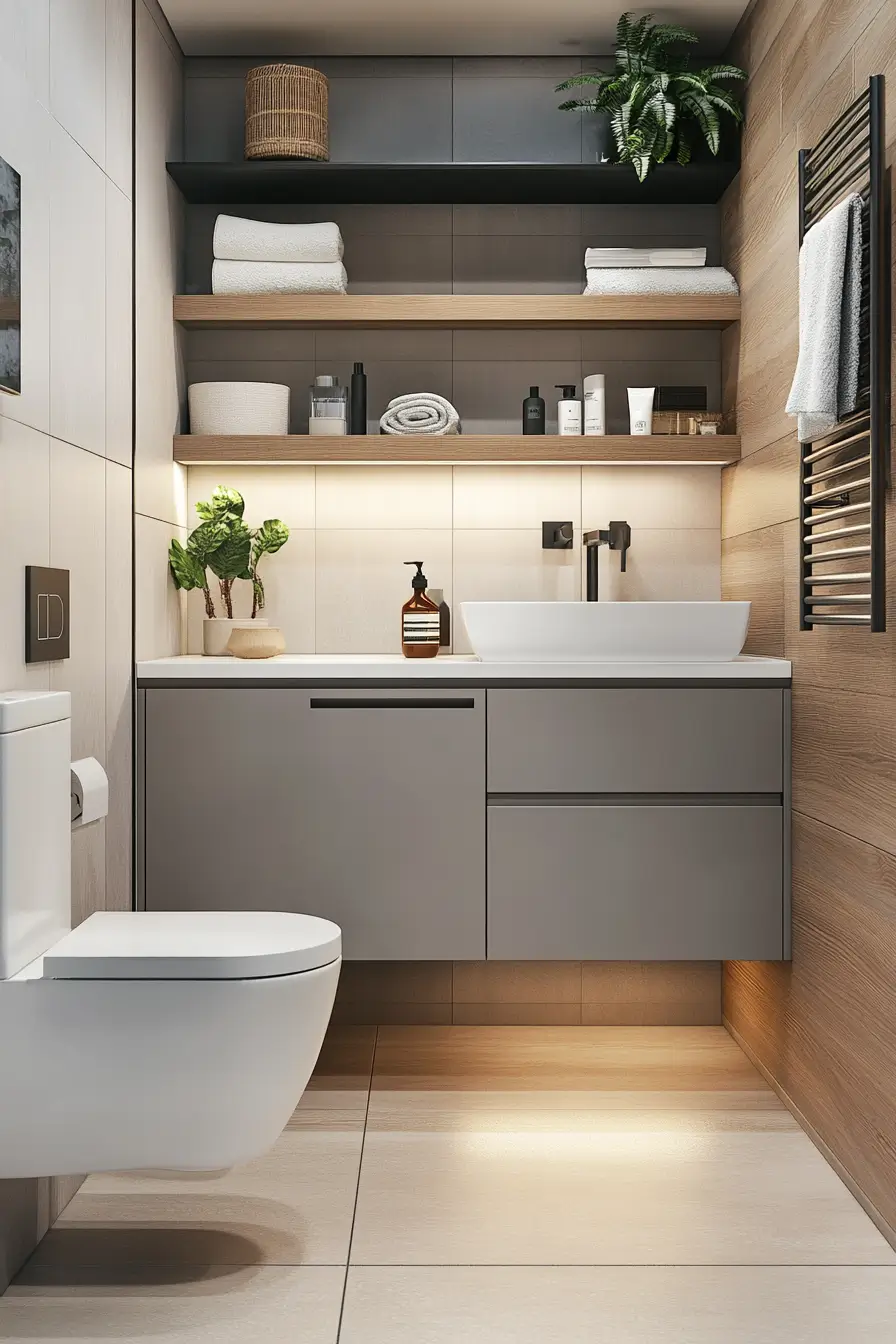 Multiple vertical small bathroom storage solutions including floating shelves