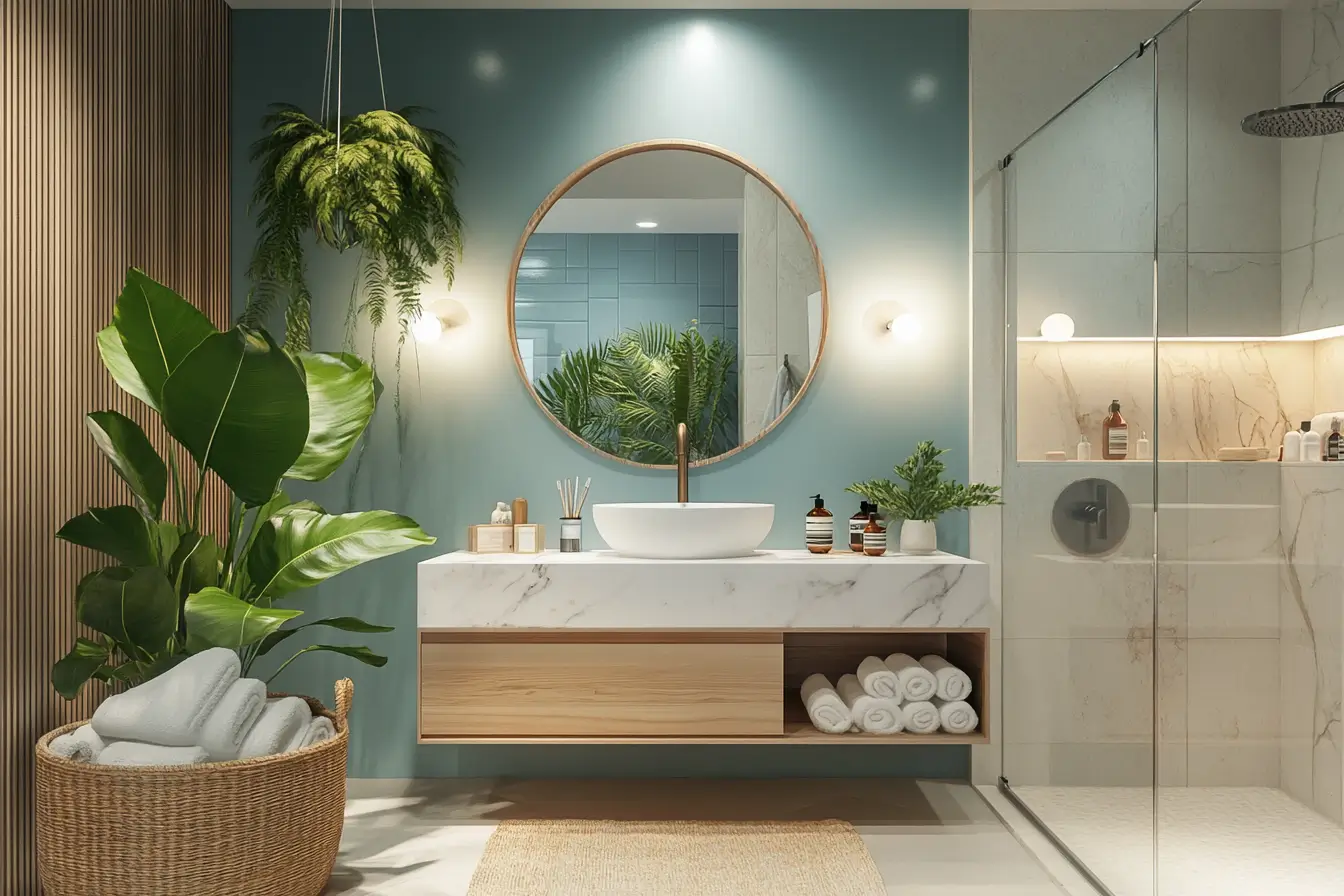 Beautifully designed small bathroom that showcases multiple decor and styling elements