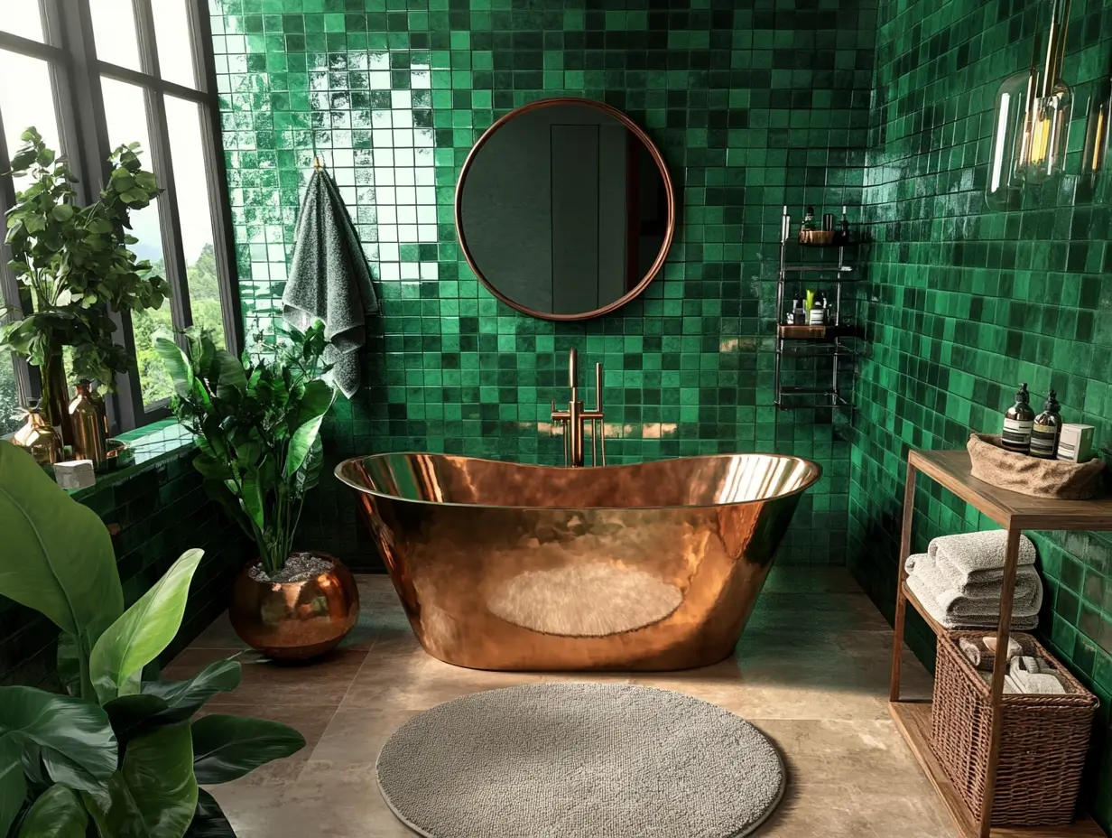 Luxurious yet compact bathroom. Rich emerald green tiles contrast with gleaming brass fixtures.