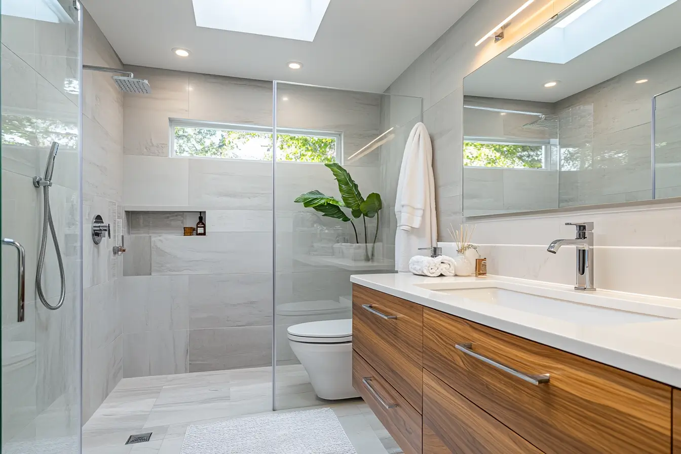 transformed small bathroom featuring modern minimalist design. Soft gray and white color scheme with natural wood accent