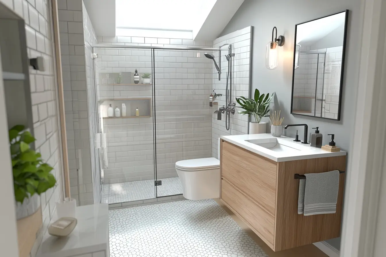 Small bathroom with modern minimalist design with a soothing palette of soft gray, crisp white, and warm wood tones